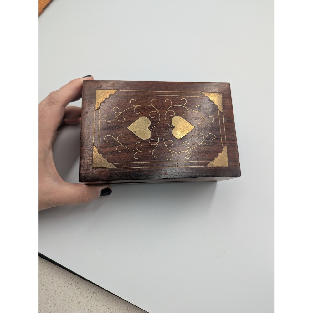 India Arts Wooden Trinket Box Brass Heart Inlay Small Jewelry Chest READ